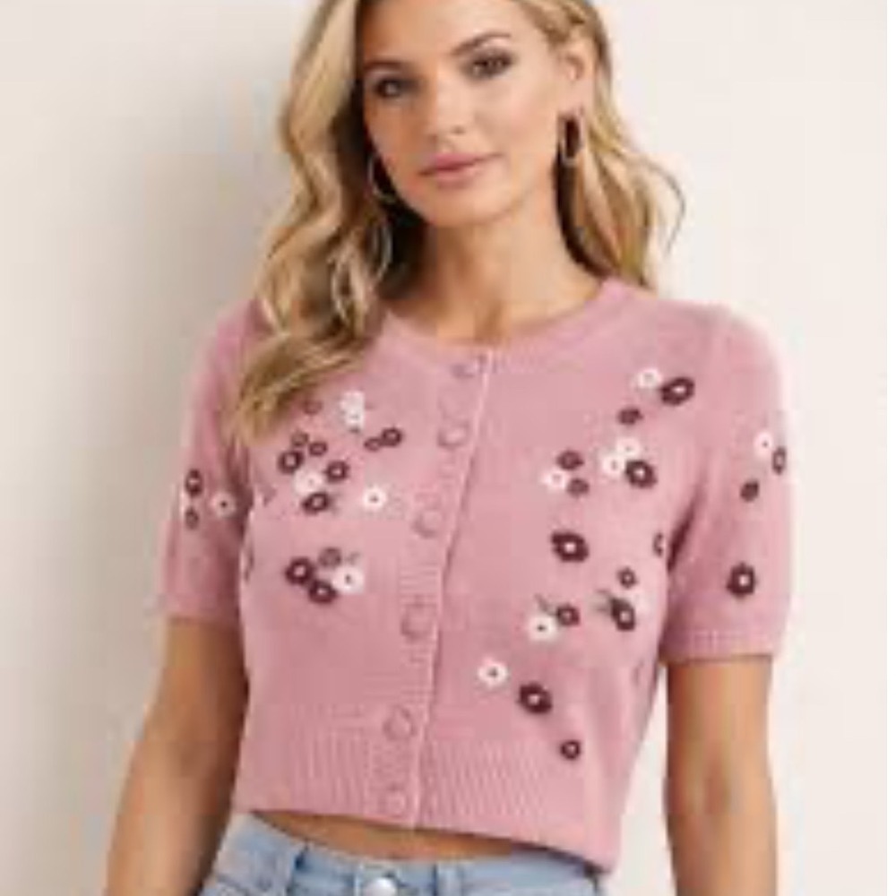 Jessica Simpson Y2K Pink Floral Embroidered Short Sleeve Cardigan Sweater XS